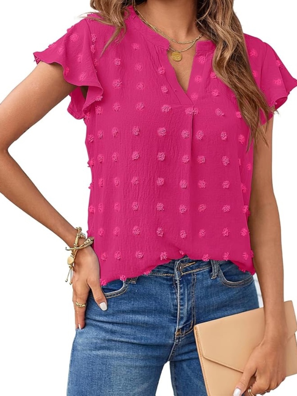Hot Pink V-neck short sleeve, ruffle sleeve top - NEW WITH TAGS